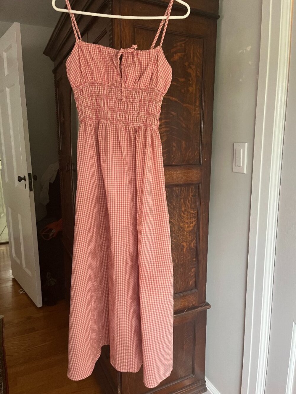 Red gingham cinched bust midi dress